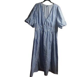 Old Navy Women's Cotton Puff Sleeve Midi Blue White Stripe Dress Sz XL Tall